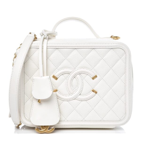 Chanel Filigree Vanity Case Gold-tone Small White