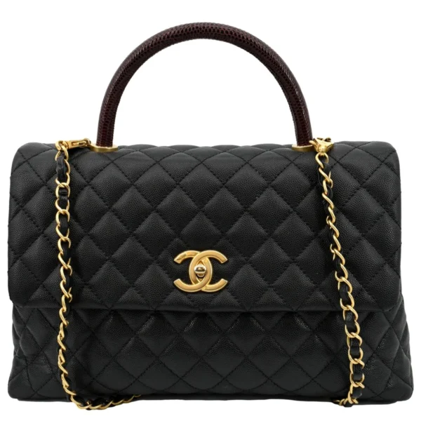 CHANEL Small Coco Quilted Caviar Lizard Handle Black Bag