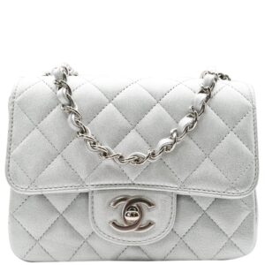 CHANEL Mini Square Flap Quilted Leather Silver Bag