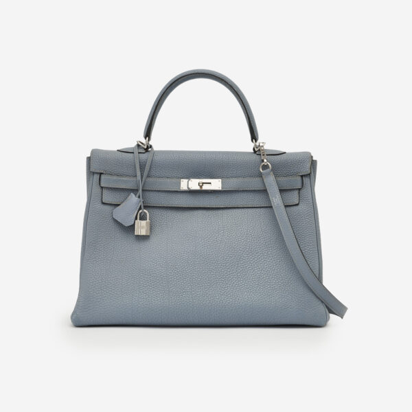 Hermes Kelly 20cm Bag In Blue Lin Clemence Leather GHW