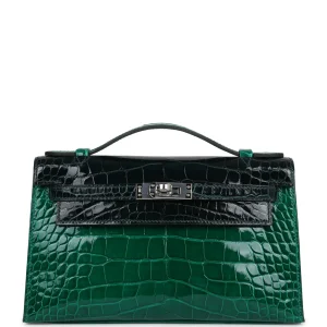 Hermès Kelly Pochette Emerald and Vert Rousseau Shiny Alligator Palladium