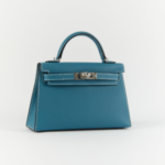 Hermes Kelly 20cm Bag In Blue Jean Clemence Leather GHW