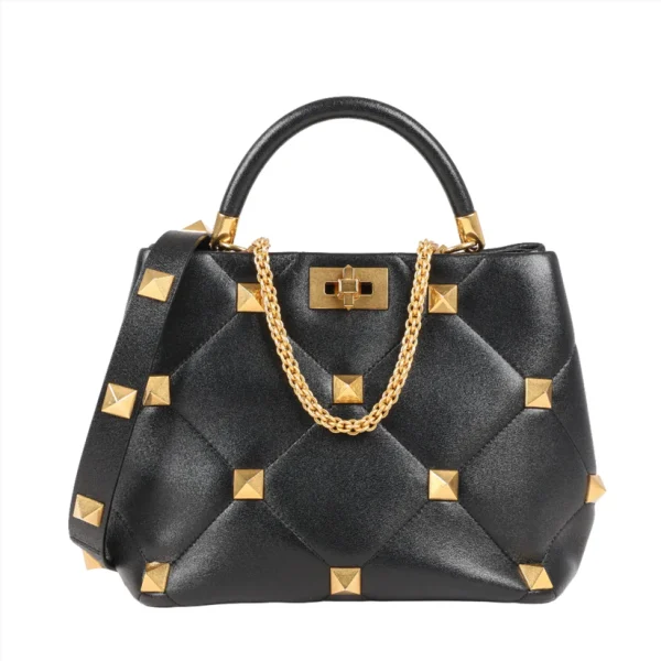 Valentino Garavani Nappa Leather Medium Roman Stud Top Handle Bag in Black