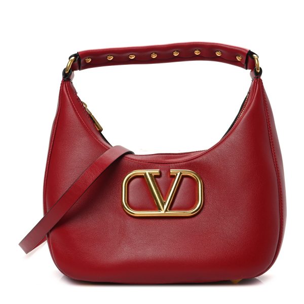 VALENTINO GARAVANI Calfskin Stud Sign Zip Hobo Rosso Valentino