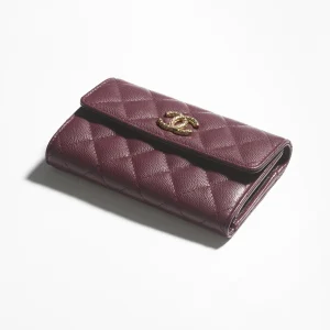 CHANEL FLAP WALLET Grained Shiny Metal Dark Burgundy