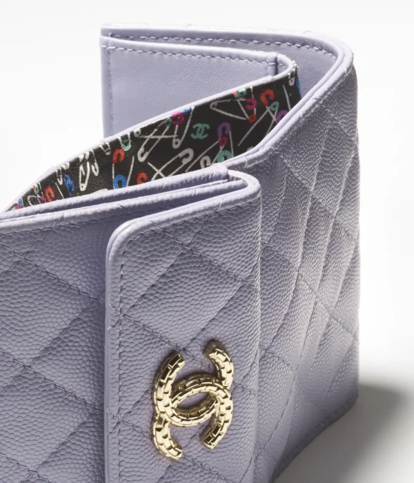 CHANEL SMALL FLAP WALLET Grained Shiny Metal Light Purple