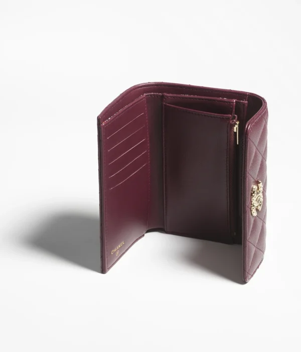 CHANEL FLAP WALLET Grained Shiny Metal Dark Burgundy