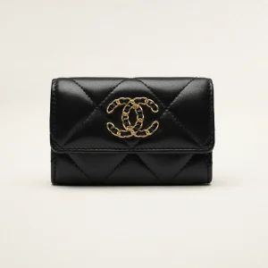 CHANEL 19 FLAP CARD HOLDER Shiny Lambskin, Gold-Tone, Metal Black