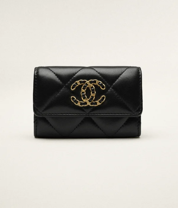 CHANEL 19 FLAP CARD HOLDER Shiny Lambskin, Gold-Tone, Metal Black