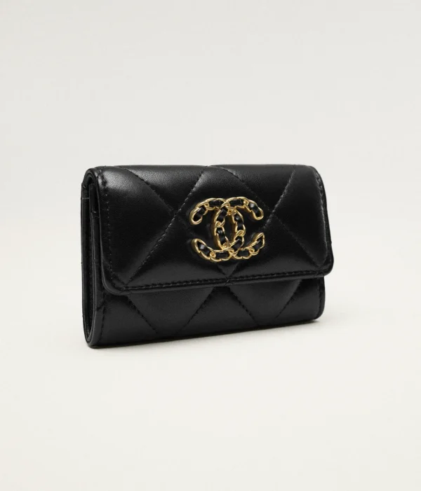 CHANEL 19 FLAP CARD HOLDER Shiny Lambskin, Gold-Tone, Metal Black