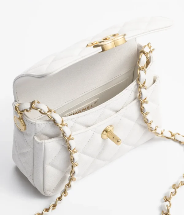 MINI FLAP BAG Grained Shiny Calfskin & Gold-Tone Metal White