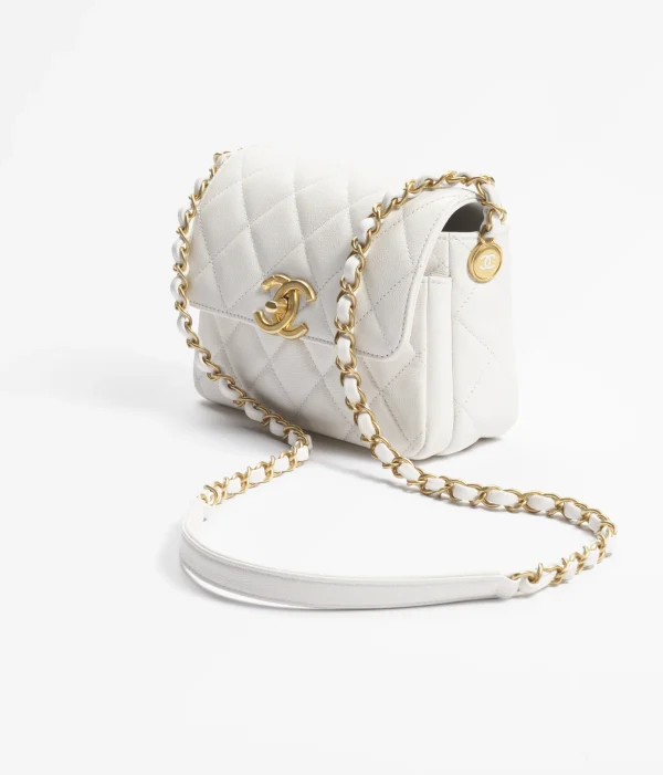 MINI FLAP BAG Grained Shiny Calfskin & Gold-Tone Metal White