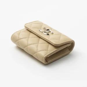 CHANEL SMALL FLAP WALLET Lambskin Enamel Metal Beige