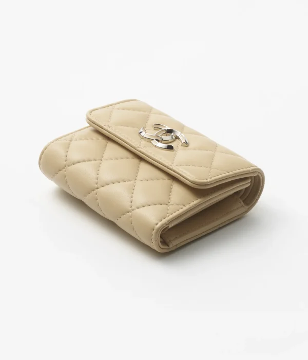 CHANEL SMALL FLAP WALLET Lambskin Enamel Metal Beige