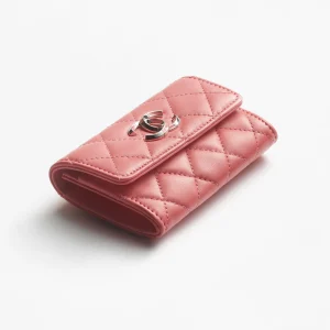 FLAP CARD HOLDER Lambskin, Enamel & White-Tone Metal Pink