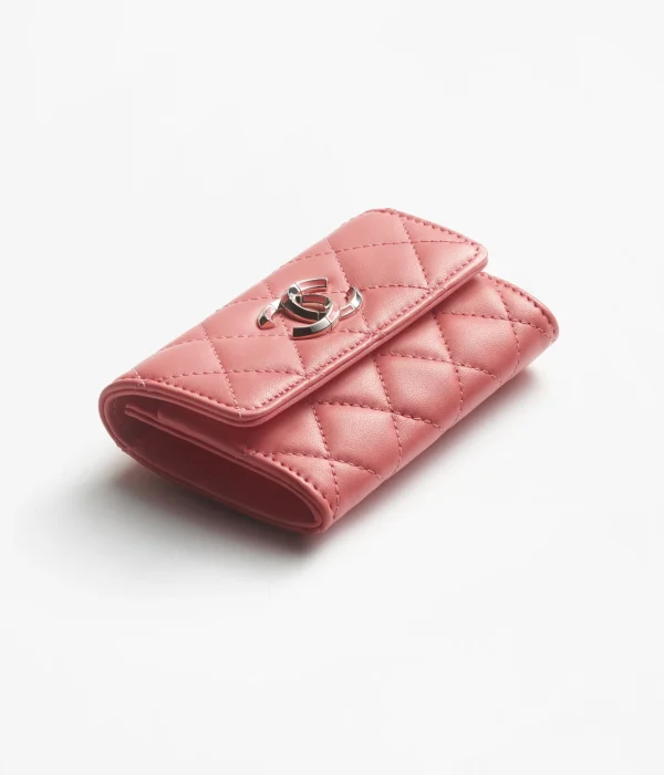 FLAP CARD HOLDER Lambskin, Enamel & White-Tone Metal Pink