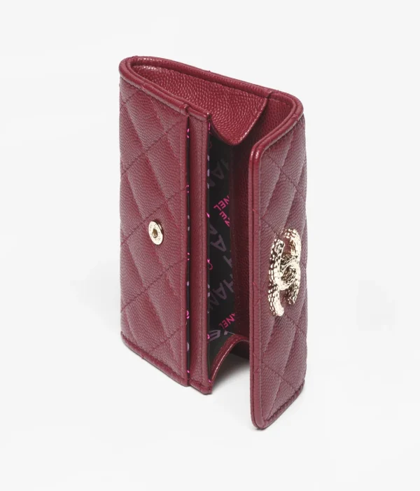 Chanel FLAP CARD HOLDER Grained Metal Burgundy