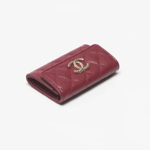 Chanel FLAP CARD HOLDER Grained Metal Burgundy