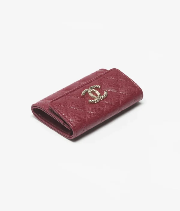 Chanel FLAP CARD HOLDER Grained Metal Burgundy