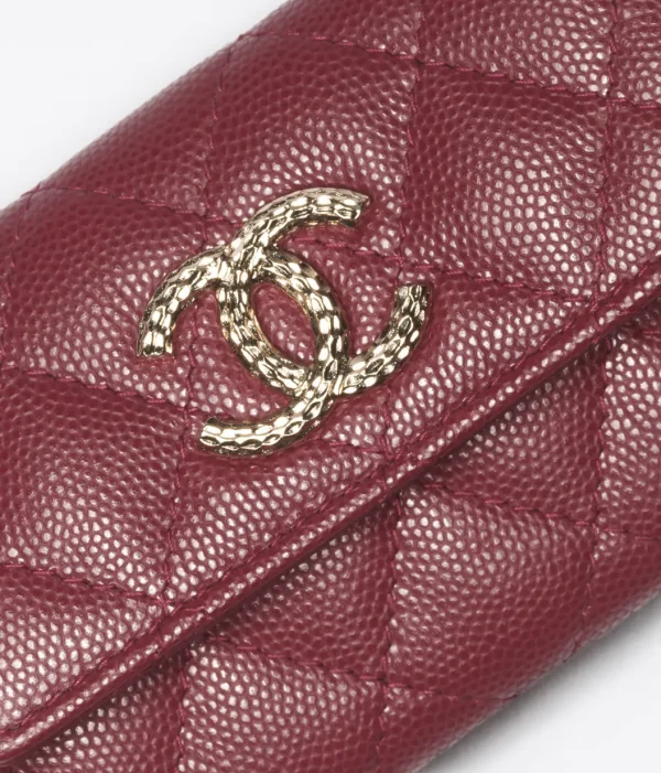 Chanel FLAP CARD HOLDER Grained Metal Burgundy