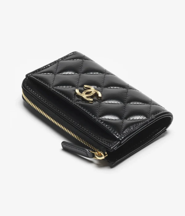 Chanel ZIPPED CARD HOLDER Shiny & Gold-Tone Metal Black