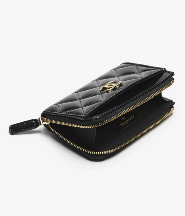 Chanel ZIPPED CARD HOLDER Shiny & Gold-Tone Metal Black