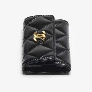 FLAP CARD HOLDER Shiny Lambskin & Gold-Tone Metal Black