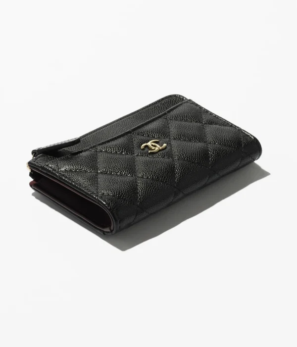 CHANEL CLASSIC ZIPPED CARD HOLDER Grained Shiny Metal Black