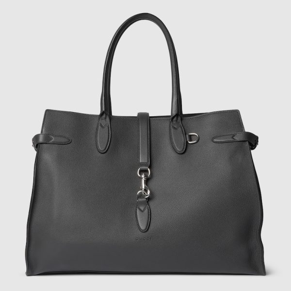 GUCCI LARGE GREY LEATHER TOTE BAG WITH HOOK CLOSURE
