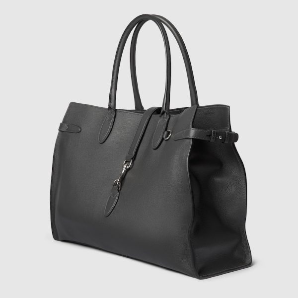 GUCCI LARGE GREY LEATHER TOTE BAG WITH HOOK CLOSURE