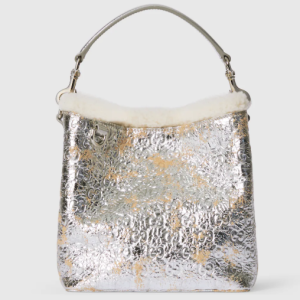 Gucci GG Emblem small bucket silver textured leather bag
